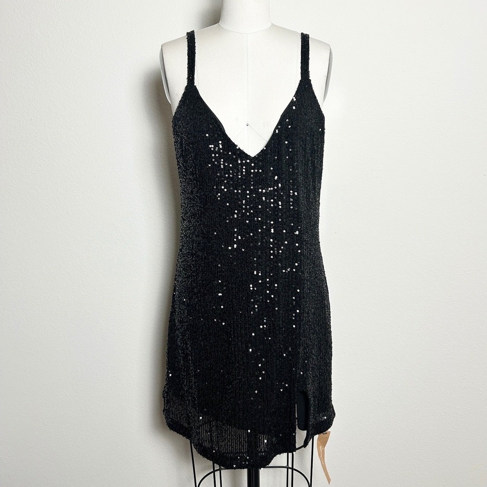 Reformation Black Sequin V-Neck Side Slit Mini Party Dress Womens Size‎ M NWT